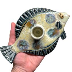 Fladfisk - keramik lysestage - Bl�gr�n