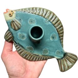 Fladfisk - keramik lysestage - grn