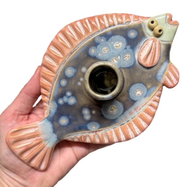 Fladfisk - keramik lysestage - bl rosa