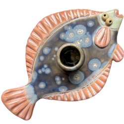 Fladfisk - keramik lysestage - bl rosa