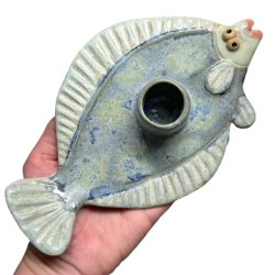 Fladfisk - keramik lysestage - blgrn