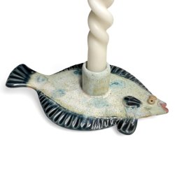 Fladfisk - keramik lysestage - bl grn