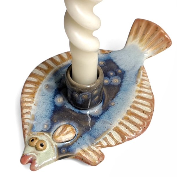 Fladfisk - keramik lysestage - bl rosa