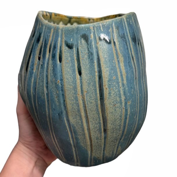 Rillet unika keramik vase - potte - bl�