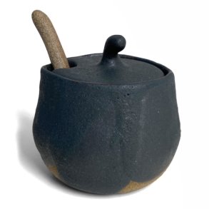 Sukkerskl - keramik lgkrukke med ske - Sort rustik