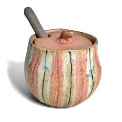 Sukkerskl - keramik lgkrukke med ske - Rosa striber