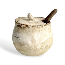 Sukkerskl - keramik lgkrukke med ske - creme rustik