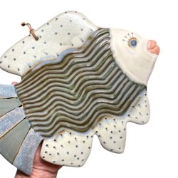 Fisk - keramik vgophng - stor Bl/grn