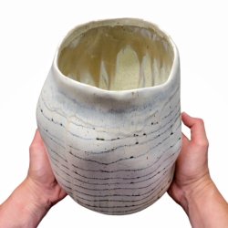 Stor unika keramik vase - krukke - creme stribet