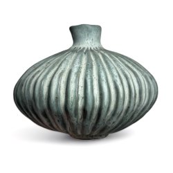 Stor unika keramik vase - grn rillet