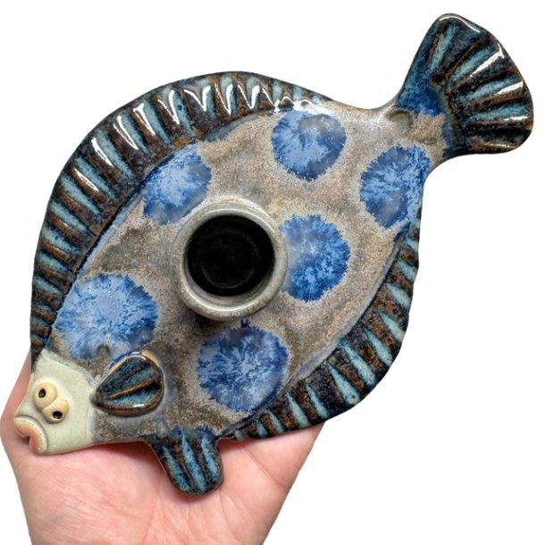 Fladfisk - keramik lysestage - Bl