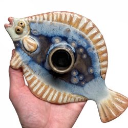 Fladfisk - keramik lysestage - bl rosa