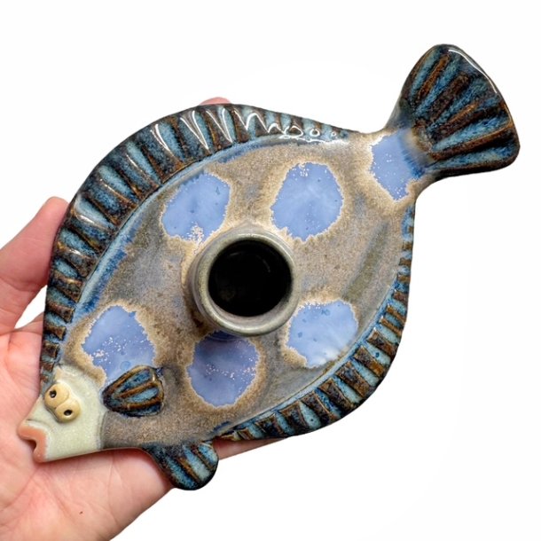 Fladfisk - keramik lysestage - Bl