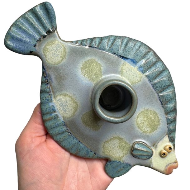 Fladfisk - keramik lysestage - Gr�n