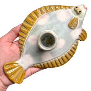 Fladfisk - keramik lysestage - Gylden