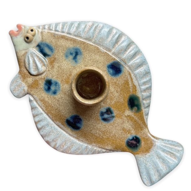 Fladfisk - keramik lysestage - sand - blgrn