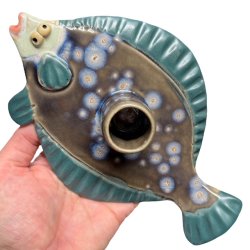 Fladfisk - keramik lysestage - Grn krystal