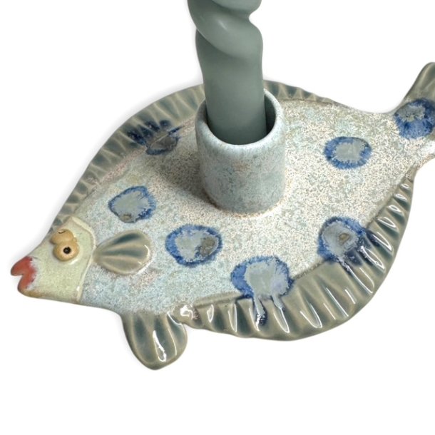Fladfisk - keramik lysestage - Mint bl�