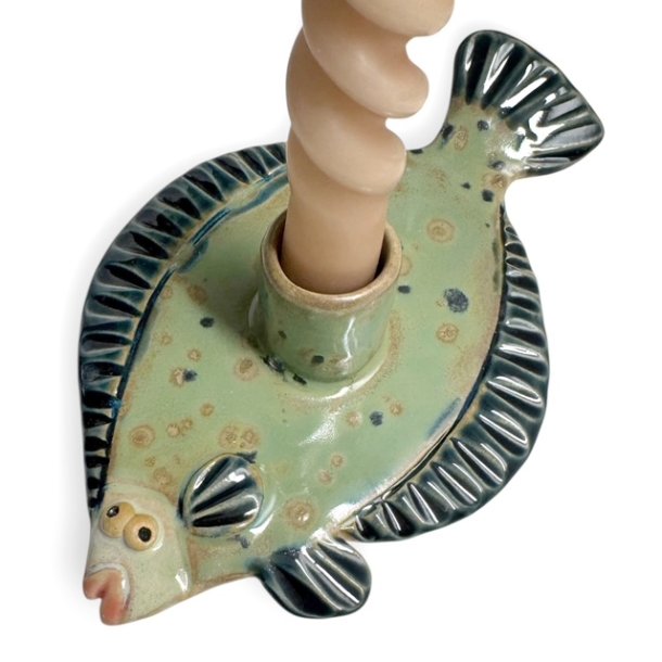 Fladfisk - keramik lysestage - Grn 