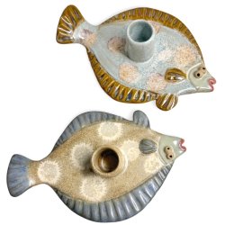 Fladfisk - keramik lysestage - Mint bl�