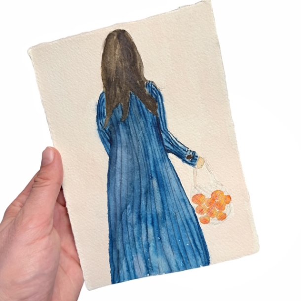 Med appelsiner p tur- Original Akvarel -  A5