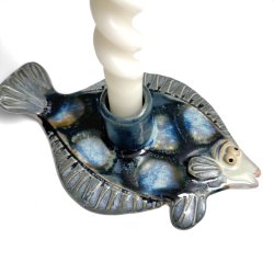 Fladfisk - keramik lysestage - Bl